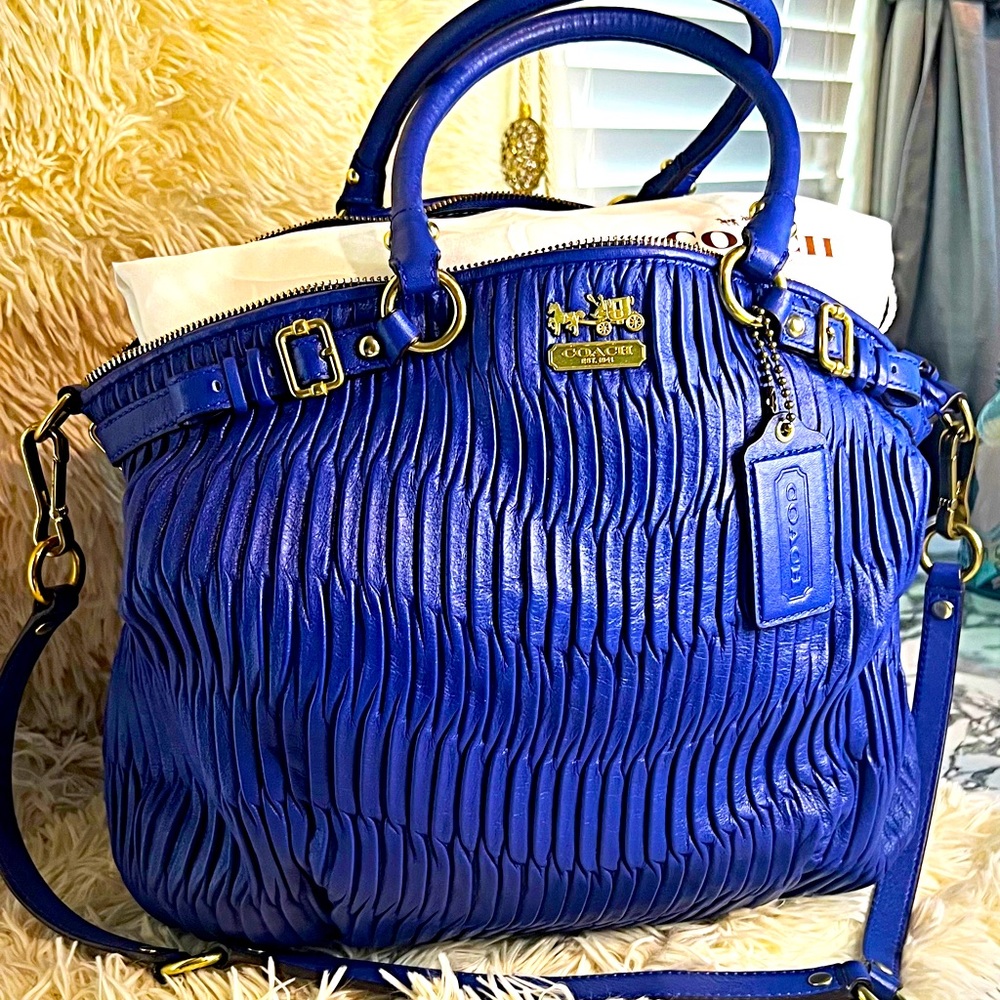Coach Madison Lindsey Gathered Leather Satchel Bag Colbert Blue